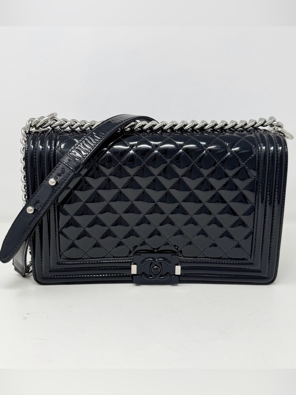 Chanel Black Patent Quilted Boy Bag